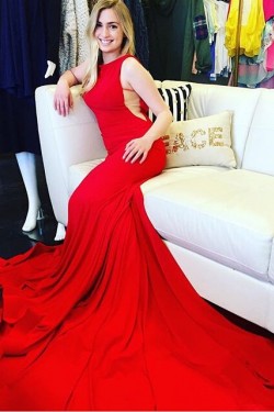 Trumpet/Mermaid Long Red Prom Evening Formal Dresses 3020178