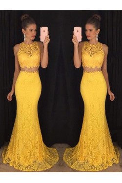Two Pieces Yellow Lace Mermaid Long Prom Evening Formal Dresses 3020180