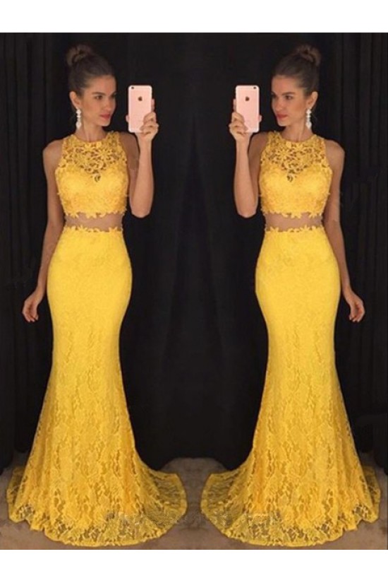 Two Pieces Yellow Lace Mermaid Long Prom Evening Formal Dresses 3020180