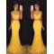 Two Pieces Yellow Lace Mermaid Long Prom Evening Formal Dresses 3020180