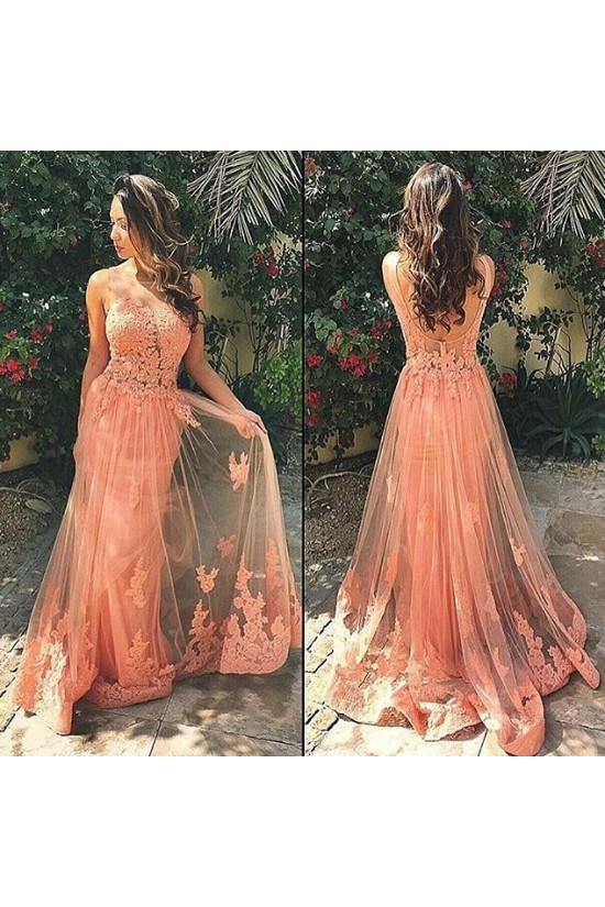 Sexy Lace Appliques Tulle Long Prom Dresses Evening Gowns 3020182