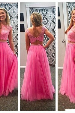 Two Pieces Lace Top Long Pink Prom Evening Formal Dresses 3020185