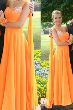 A-Line Beaded One-Shoulder Long Chiffon Prom Evening Formal Dresses 3020186