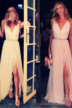 Sheath/Column V-Neck Front Split Lace Chiffon Prom Evening Formal Dresses 3020191