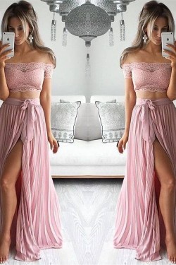 Two Piece Prom Dresses Lace Top Off-the-Shoulder Short Sleeves Thigh-High Slit Sexy Evening Gowns 3020192