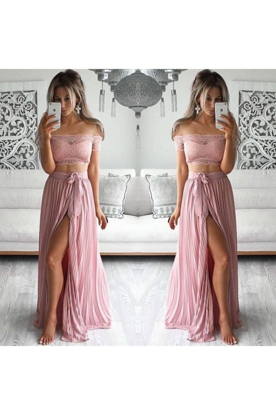 Two Piece Prom Dresses Lace Top Off-the-Shoulder Short Sleeves Thigh-High Slit Sexy Evening Gowns 3020192