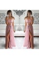 Two Piece Prom Dresses Lace Top Off-the-Shoulder Short Sleeves Thigh-High Slit Sexy Evening Gowns 3020192