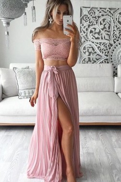 Two Piece Prom Dresses Lace Top Off-the-Shoulder Short Sleeves Thigh-High Slit Sexy Evening Gowns 3020192