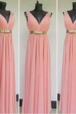 Column V-Neck Beaded Long Chiffon Prom Dresses Evening Gowns 3020194