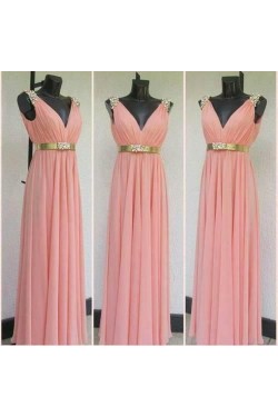 Column V-Neck Beaded Long Chiffon Prom Dresses Evening Gowns 3020194