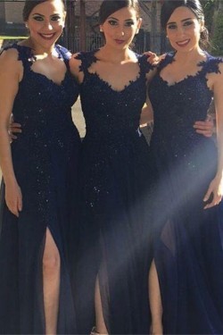 Navy Blue Lace Appliques Chiffon Long Bridesmaid Dresses Prom Evening Gowns 3020198