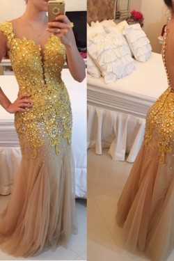 God Lace Appliques See Through Back Long Prom Dresses Evening Gowns 3020201