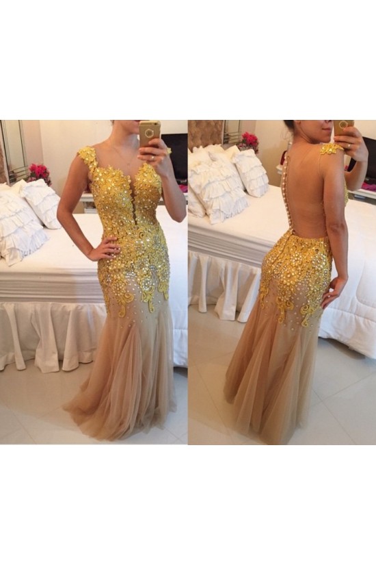 God Lace Appliques See Through Back Long Prom Dresses Evening Gowns 3020201