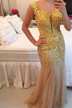 God Lace Appliques See Through Back Long Prom Dresses Evening Gowns 3020201