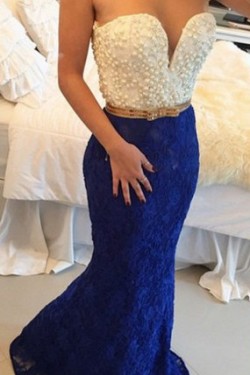 Blue White Lace Long Mermaid Prom Dresses Evening Gowns 3020202