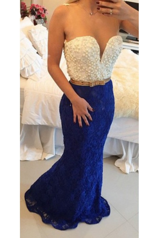 Blue White Lace Long Mermaid Prom Dresses Evening Gowns 3020202
