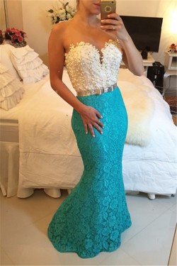 Blue White Lace Long Mermaid Prom Dresses Evening Gowns 3020202