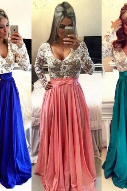 Royal Blue White Long Sleeves Prom Dresses Evening Gowns 3020203