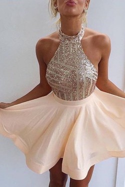 Halter Sequins Short Backless Homecoming Cocktail Prom Dresses Evening Gowns 3020204