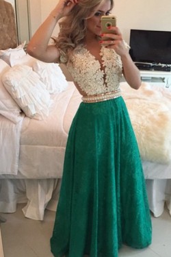 A-Line Short Sleeves Lace Chiffon Royal Blue White Long Prom Dresses Evening Gowns 3020206