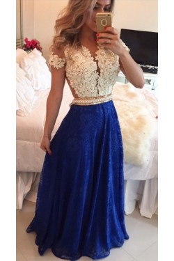 A-Line Short Sleeves Lace Chiffon Royal Blue White Long Prom Dresses Evening Gowns 3020206