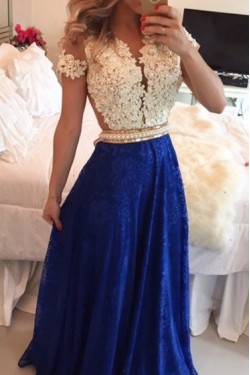 A-Line Short Sleeves Lace Chiffon Royal Blue White Long Prom Dresses Evening Gowns 3020206