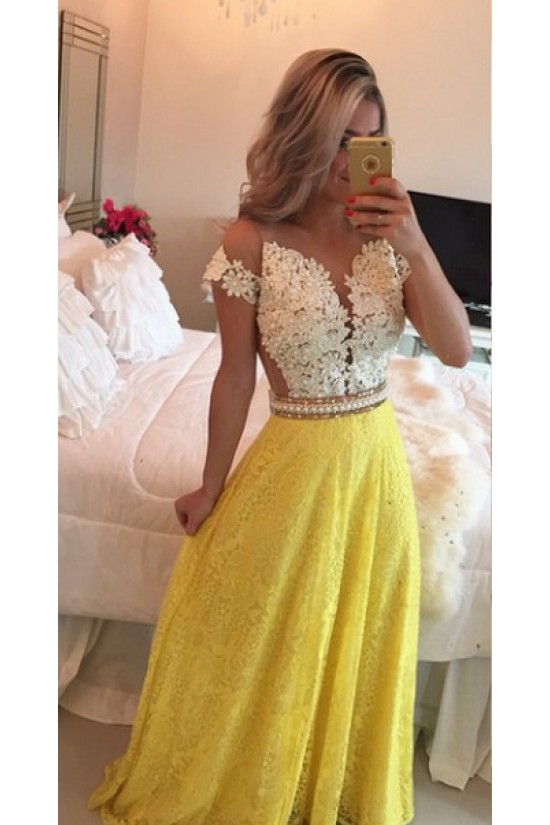 A-Line Short Sleeves Lace Chiffon Royal Blue White Long Prom Dresses Evening Gowns 3020206
