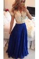 A-Line Short Sleeves Lace Chiffon Royal Blue White Long Prom Dresses Evening Gowns 3020206