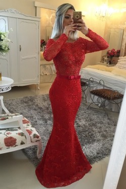 Red Long Sleeves Lace Mermaid Prom Dresses Evening Gowns 3020207