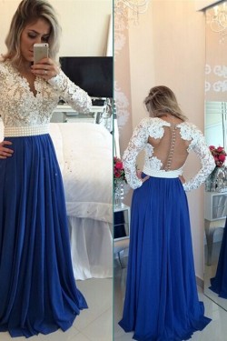 Royal Blue White Lace Chiffon Long Sleeves Prom Dresses Evening Gowns 3020208