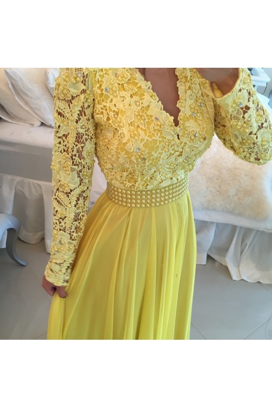 Royal Blue White Lace Chiffon Long Sleeves Prom Dresses Evening Gowns 3020208