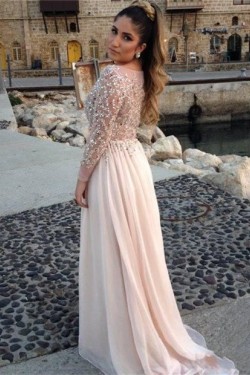Beaded Long Sleeves Chiffon Prom Dresses Evening Gowns 3020210