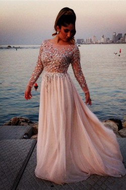 Beaded Long Sleeves Chiffon Prom Dresses Evening Gowns 3020210