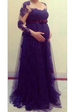 Long Sleeves Purple Lace Maternity Dresses Evening Gowns 3020216