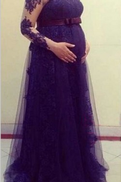 Long Sleeves Purple Lace Maternity Dresses Evening Gowns 3020216
