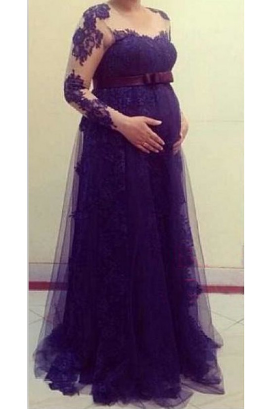 Long Sleeves Purple Lace Maternity Dresses Evening Gowns 3020216