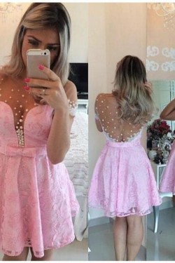 Short Sleeves See Through Pink Sexy Homecoming Prom Dresses Evening Gowns 3020219