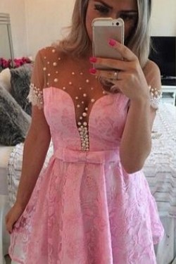 Short Sleeves See Through Pink Sexy Homecoming Prom Dresses Evening Gowns 3020219