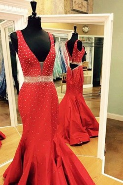 Long Red Beaded Trumpet/Mermaid Prom Dresses Evening Gowns 3020220