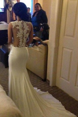 Mermaid Long White Illusion Neckline Lace Prom Dresses Evening Gowns 3020221