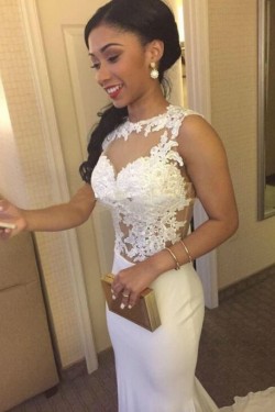 Mermaid Long White Illusion Neckline Lace Prom Dresses Evening Gowns 3020221