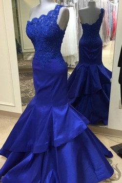 Trumpet/Mermaid Royal Blue One-Shoulder Lace Appliques Top Long Prom Dresses Evening Gowns 3020222