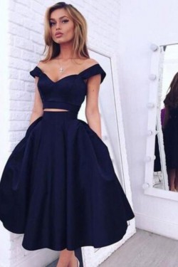 Two Pieces Off-the-Shoulder Navy Blue Bridesmaid Prom Dresses Evening Gowns 3020223
