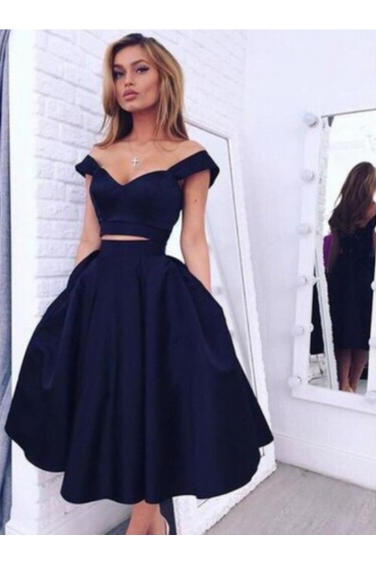 Two Pieces Off-the-Shoulder Navy Blue Bridesmaid Prom Dresses Evening Gowns 3020223