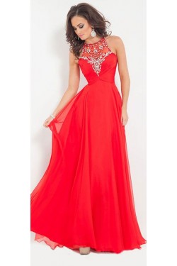 Beaded Long Red Chiffon Floor-Length Prom Dresses Evening Gowns 3020225