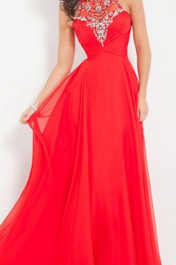 Beaded Long Red Chiffon Floor-Length Prom Dresses Evening Gowns 3020225