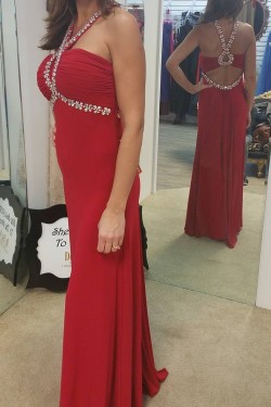 Sheath Beaded Long Red Chiffon Prom Dresses Evening Gowns 3020229
