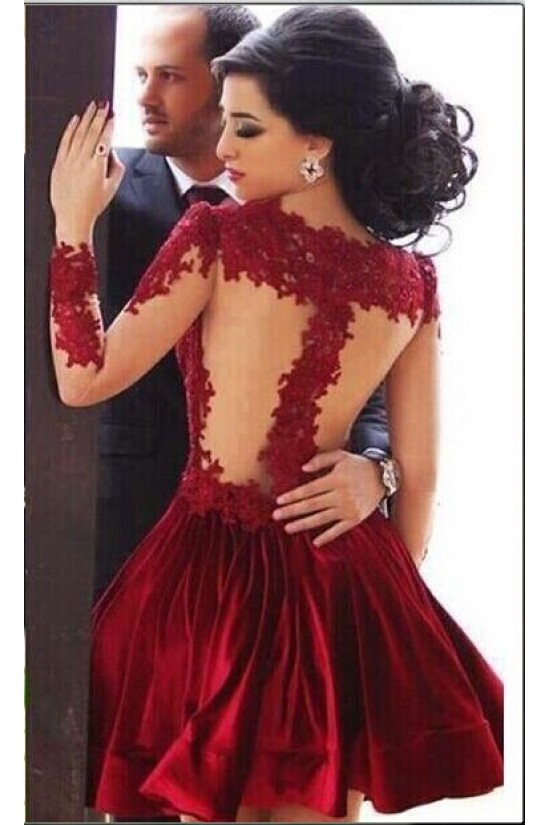 Short Red Homecoming Dresses High Neck Long Sleeves Sheer Lace Appliques Satin Knee Length Party Evening Gowns 3020234