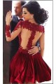 Short Red Homecoming Dresses High Neck Long Sleeves Sheer Lace Appliques Satin Knee Length Party Evening Gowns 3020234