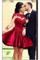 Short Red Homecoming Dresses High Neck Long Sleeves Sheer Lace Appliques Satin Knee Length Party Evening Gowns 3020234